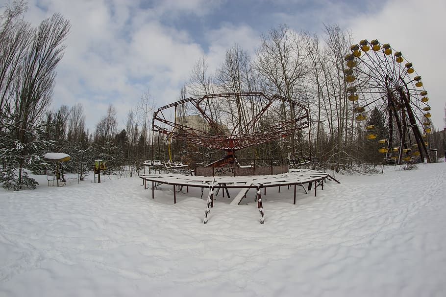 pripyat, carousel, ferris wheel, snow, theme park, fairground