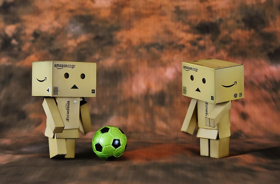 two Amazon cardboard box figure, football, play, danbo, funny, HD wallpaper