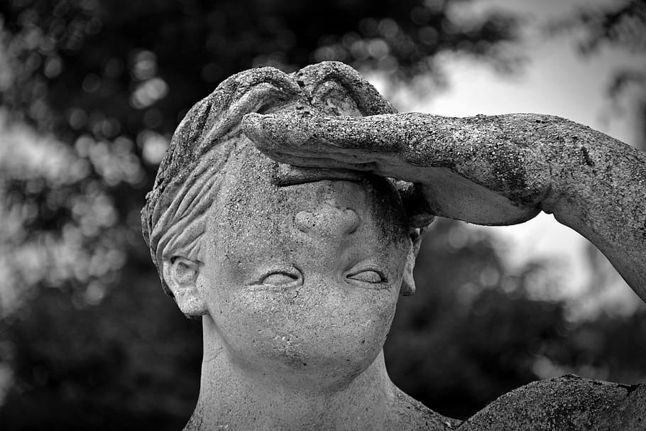 grayscale photography of edited statue, human, hand, forehead HD wallpaper