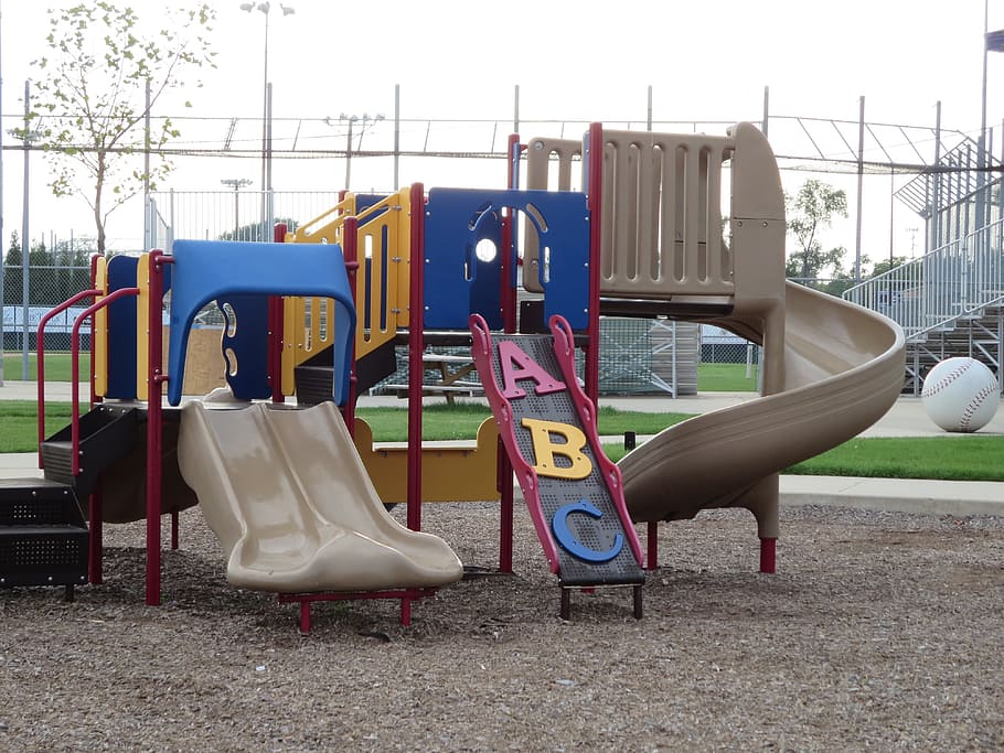 children's slide playground, park, childhood, leisure, outdoor, HD wallpaper