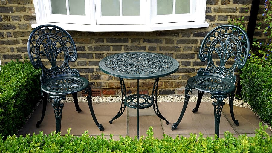 Three Piece Black Metal Patio Table, Metal Patio Table And Chair Sets