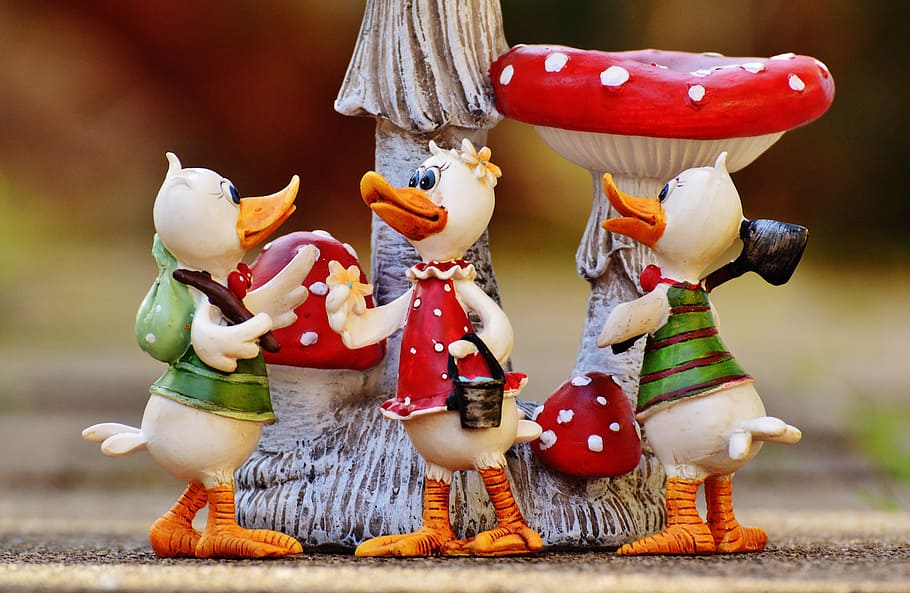 ducks, funny, group, mushrooms, cute, art stone, figure, plumage HD wallpaper