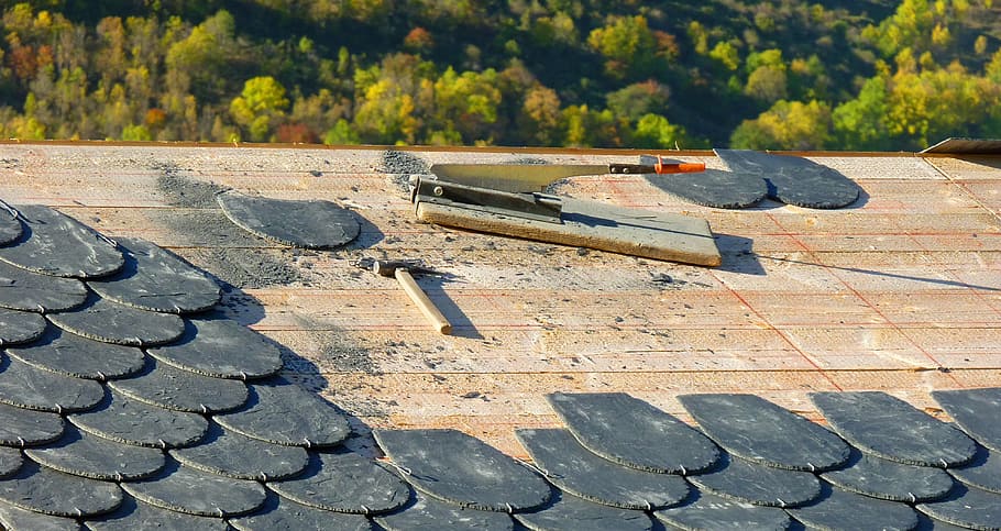 brown hammer on roof, roofing, carpenter, roofer, slate, day HD wallpaper