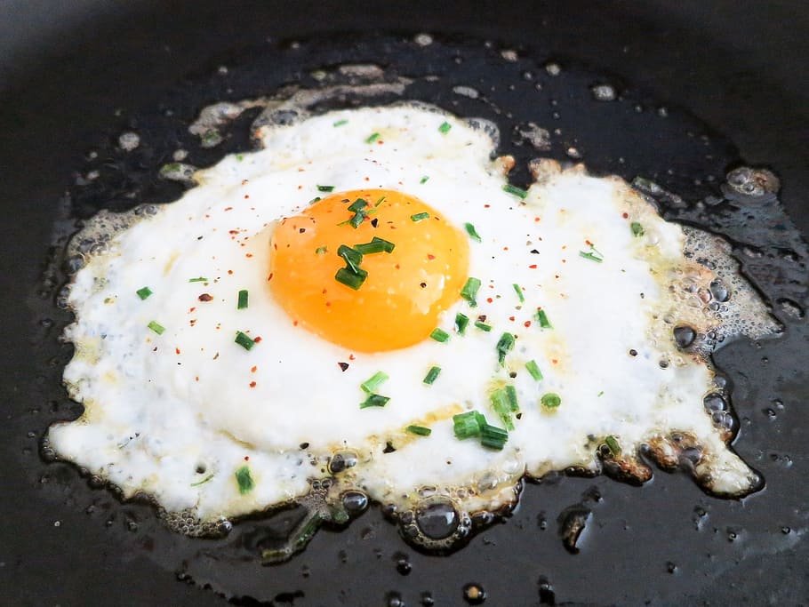 fried egg, yolk, breakfast, fried eggs, pan, protein, eat, food, HD wallpaper
