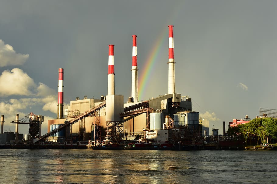 rainbow, river, power plant, architecture, built structure HD wallpaper