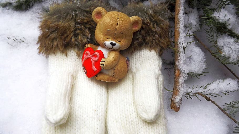 winter, cold, snow, nature, the mascot, teddy bear, gloves HD wallpaper