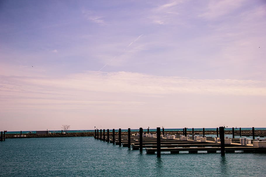 photo of wooden dock during daytime, brown, sea, sunset, sky HD wallpaper