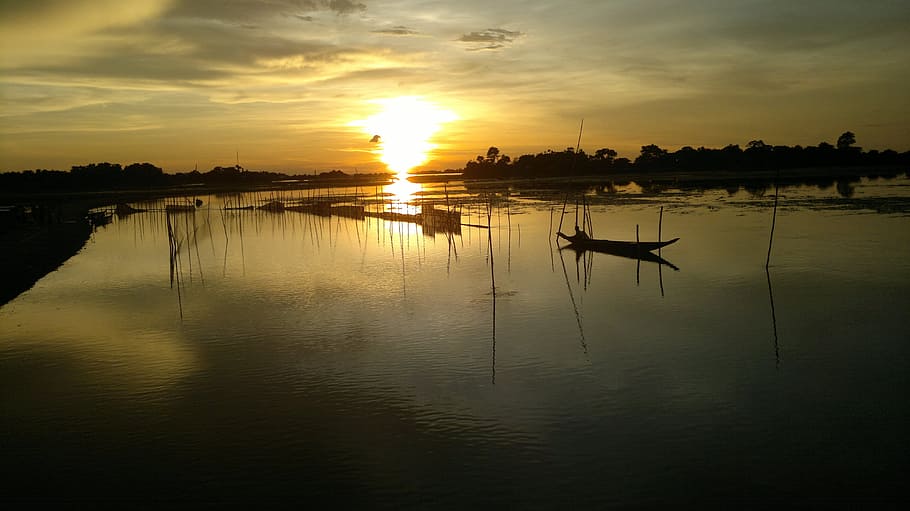 boat on calm body of water, bangladesh, sunset, twilight, dusk, HD wallpaper