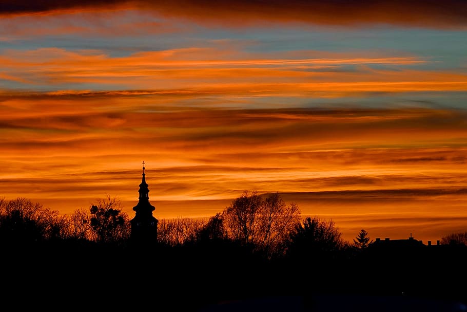 evening light, silhouette, sunset, romantic, twilight, steeple HD wallpaper