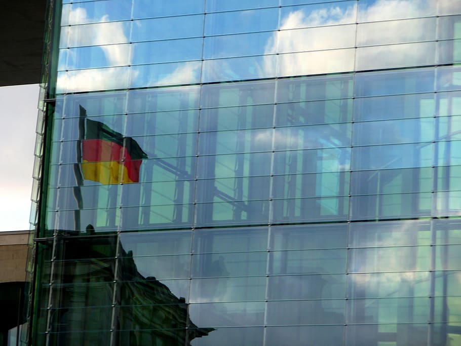 germany flag, mirroring, facade, building, architecture, black red gold