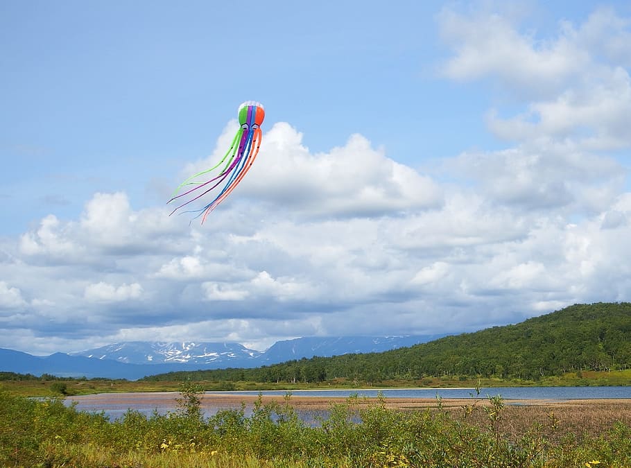 kite, lake, clouds, sky, octopus, flight, height, air flow HD wallpaper