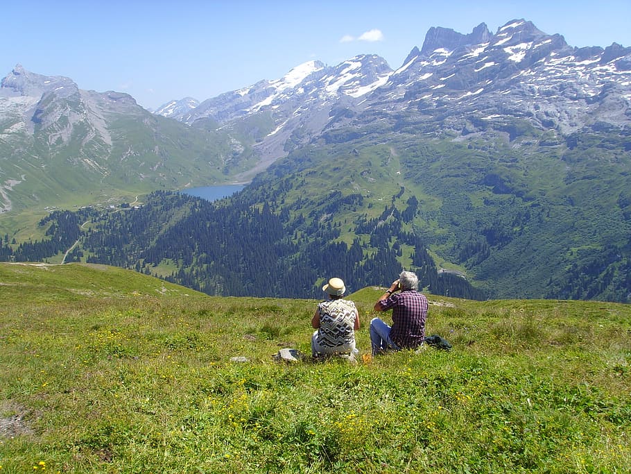 hiking, wanderer, observation, mountains, alpine, click, quiet HD wallpaper
