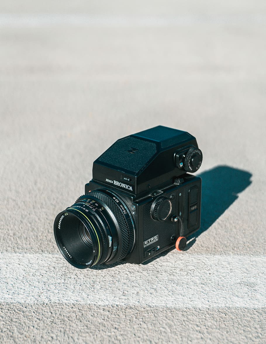 black Bronica camera on concrete floor, film camera, medium format HD wallpaper