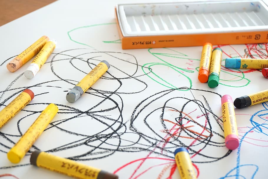 assorted-color pens with box, crayon, graffiti, drawing, parenting HD wallpaper