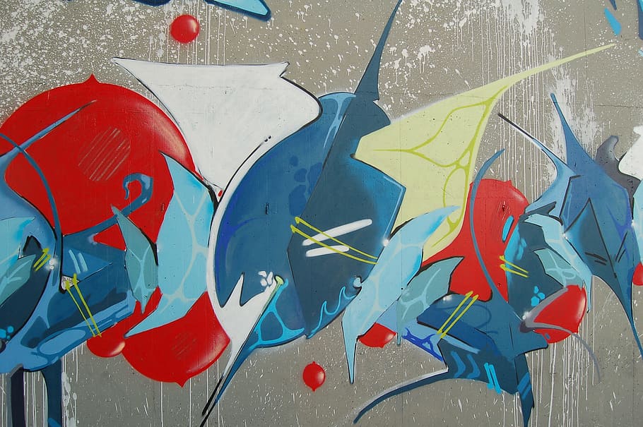 multicolored abstract art painting, blue, yellow, and red graffiti art HD wallpaper