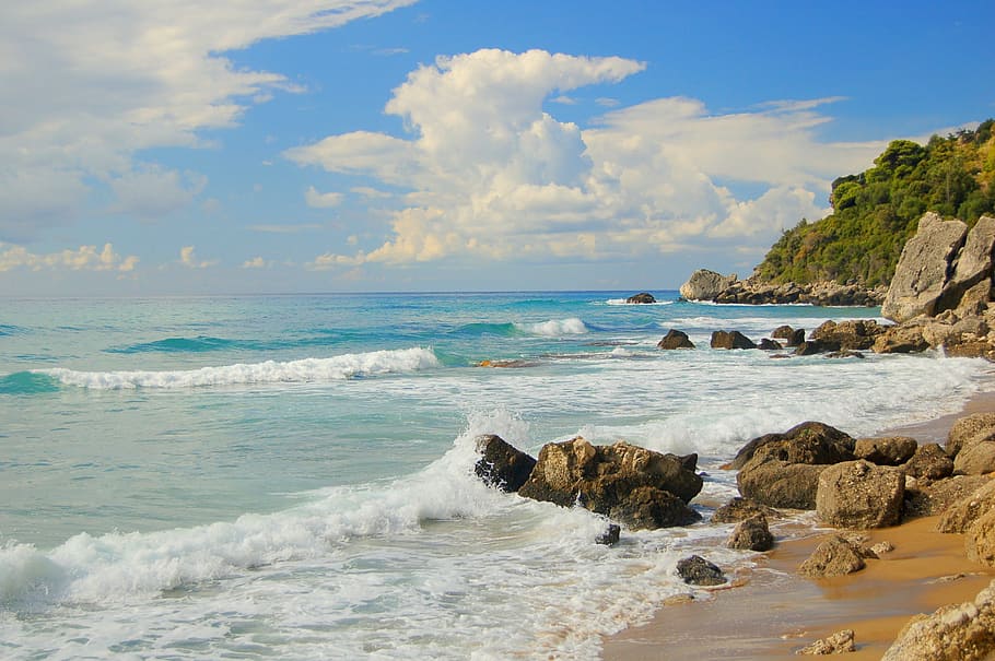 corfu, beach, waves, blue, summer, island, sea, water, landscape HD wallpaper