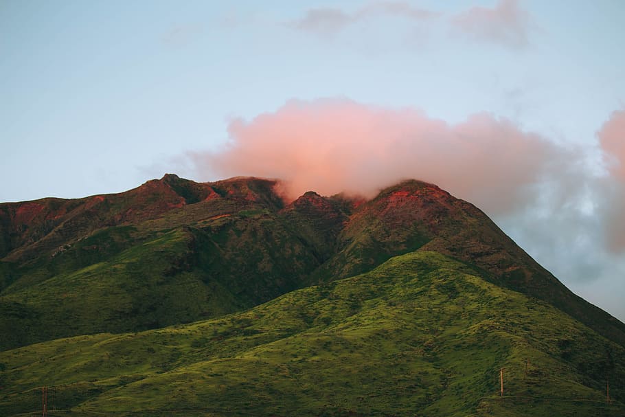 landscape photography of mountain, smoke on top of mountain, green mountain HD wallpaper