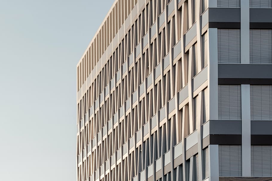 low angle photography of gray concrete building, architecture HD wallpaper