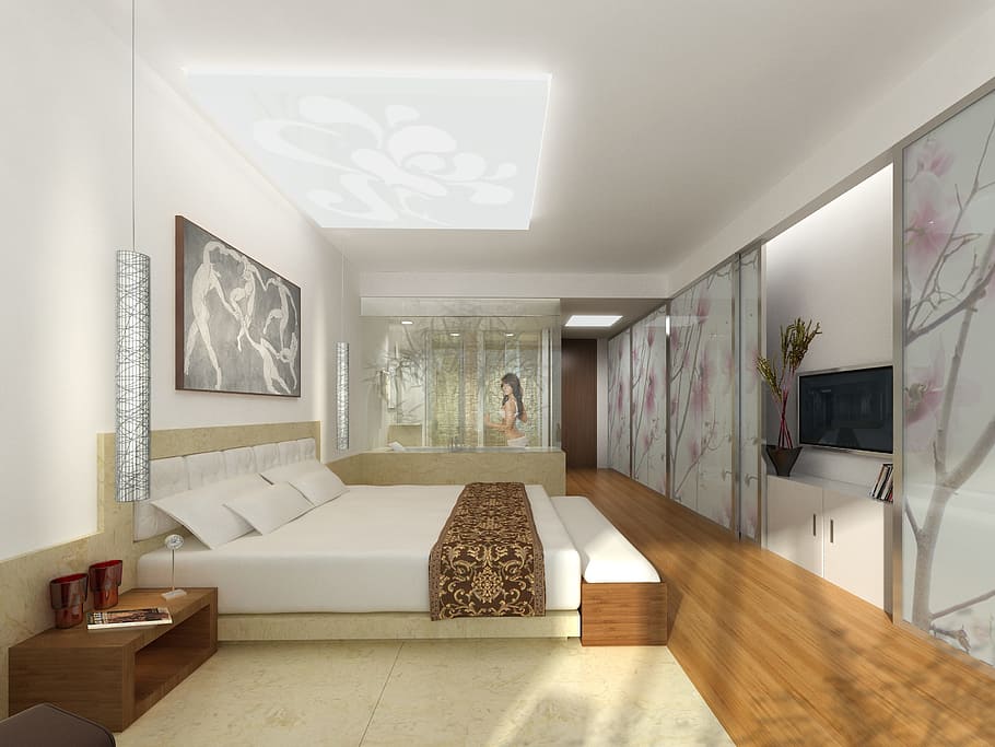 gray wooden bed frame and white mattress, interior, hotel, rendering HD wallpaper