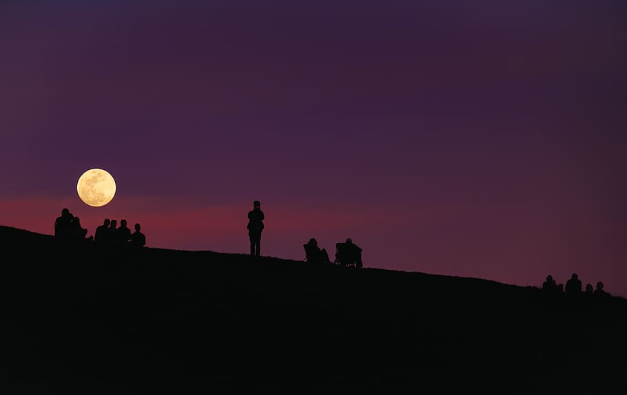 silhouette of group of people under purple night sky, silhouette of people sitting and standing on mountain at nighttime HD wallpaper