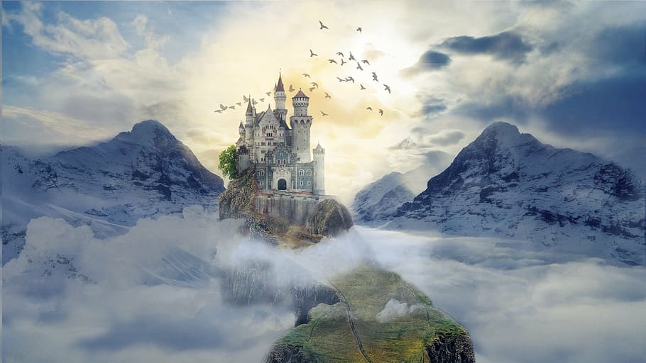 castle on top of hill beside two glacier mountains under white clouds blue sky HD wallpaper