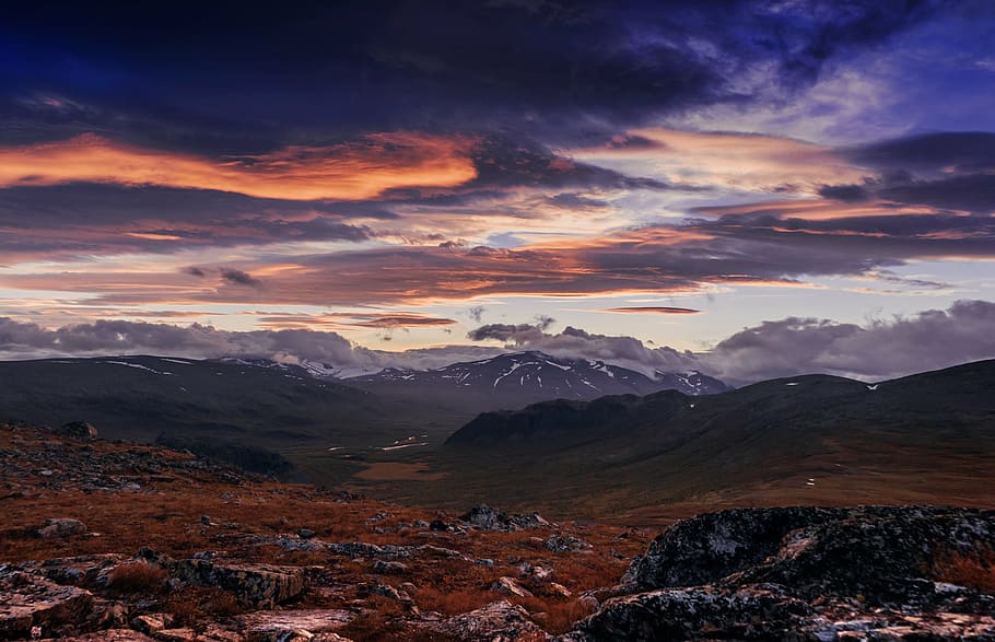 landscape photography of brown highlands, black, mountain, blue HD wallpaper