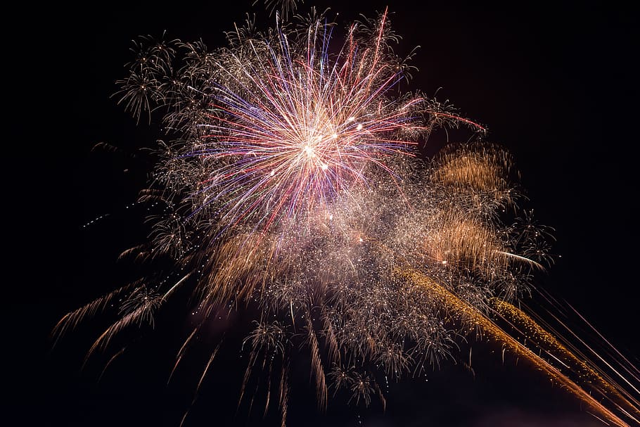 firework display at night time, fireworks, lights, sky, celebration HD wallpaper