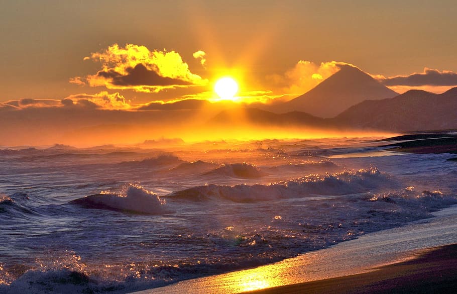 seashore during golden hour, ocean, volcano, surf, wave, sunset
