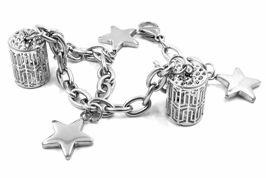 silver-colored charm bracelet, stainless, background, white HD wallpaper