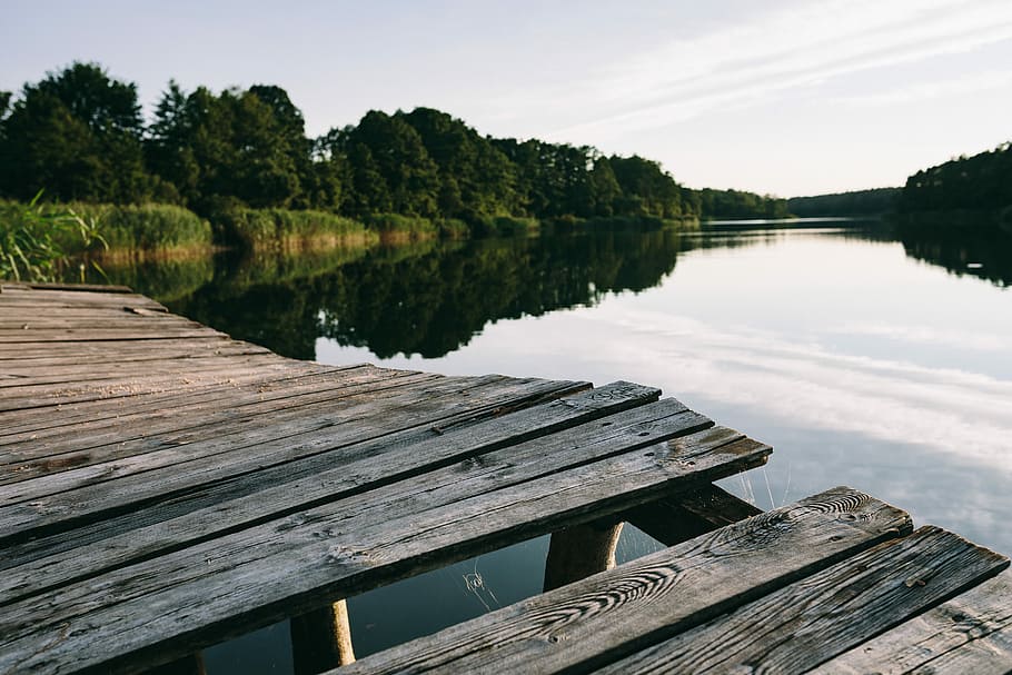 Reading book at lake, people, summer, opened notebook, time, old pier, HD wallpaper