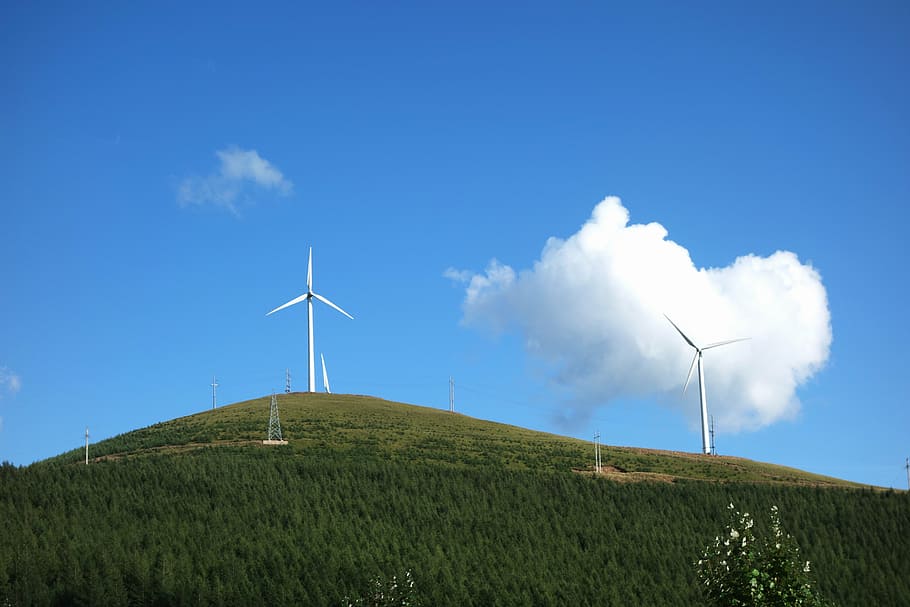 windmill, clouds, blue sky, fuel and power generation, renewable energy HD wallpaper
