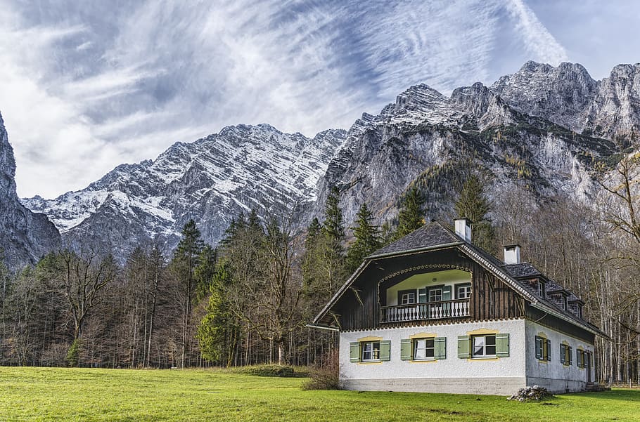 gray and brown house near mountains during daytime, home, hut