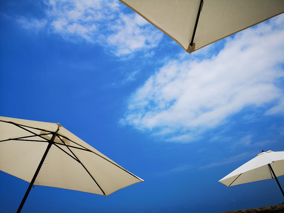 umbrella, sky, bleu, cloud, cloud - sky, blue, nature, low angle view HD wallpaper