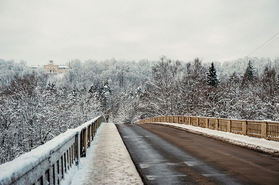 Bridge in winter, landscape, snow, nature, cold - Temperature HD wallpaper