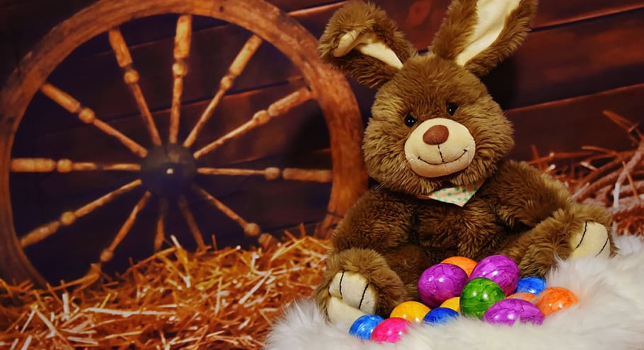 Easter Bunny, Plush, Egg, colorful, easter eggs, holiday, happy easter HD wallpaper