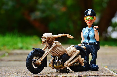 biker, skeleton, policewoman, control, creepy, weird, decoration HD wallpaper