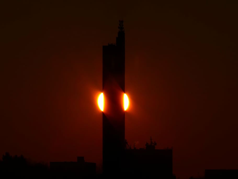 silhouette of building at daytime, sun, fireball, fiery, sunset HD wallpaper