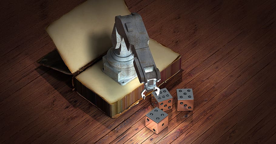 three gray dices, book, robot, cube, simulation, robot arm, animation, HD wallpaper