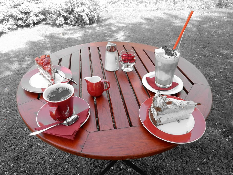 table, coffee, latte macchiato, cake, drink coffee, outside catering, HD wallpaper