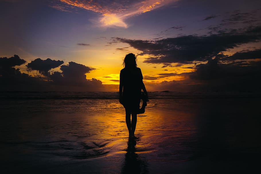 woman walking on sea during sunset, people, girl, alone, water, HD wallpaper