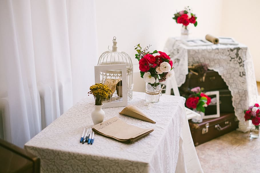 white metal cage on table near flowers, Decor, Retro, Style HD wallpaper