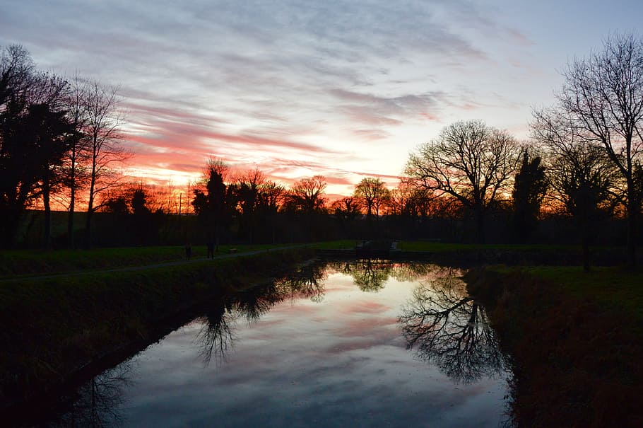 sunset, river, trees, sky, water, landscape, nature, blue, reflection HD wallpaper