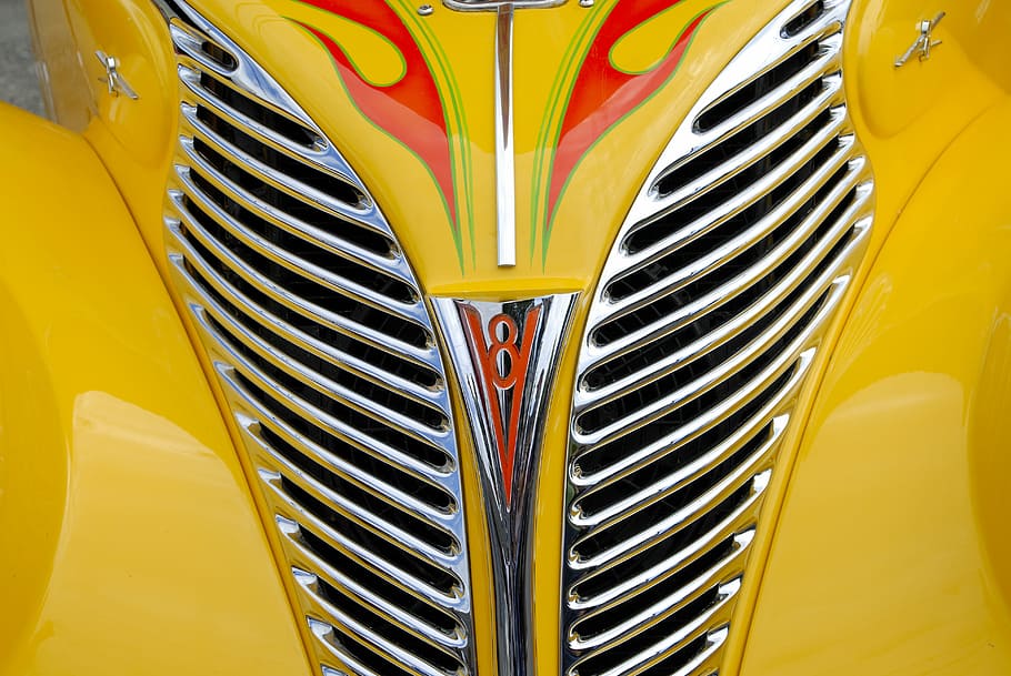 V8, yellow car close-up photo, vehicle, engine, no people, land vehicle, HD wallpaper
