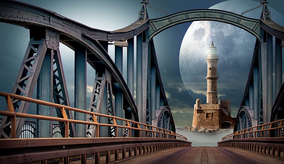gray and brown bridge and brown lighthouse, moon, planet, technology HD wallpaper