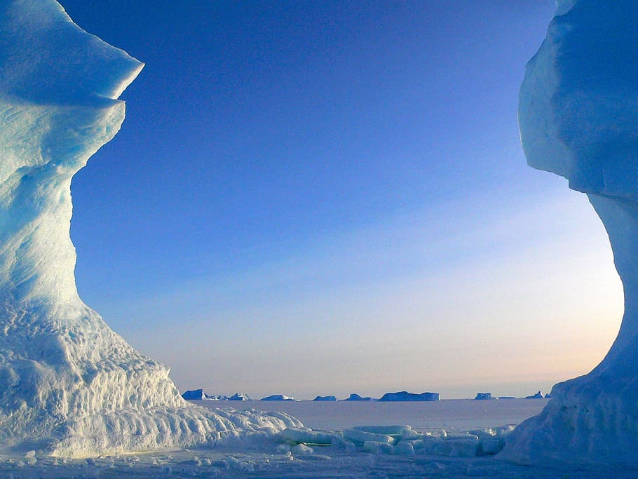 ice on body of water under blue sky, icebergs, antarctica, majestic