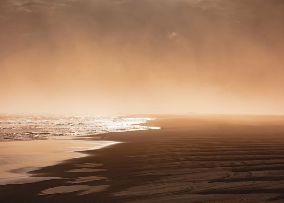 sand storm near body of water, ocean, sea, beach, waves, current, HD wallpaper