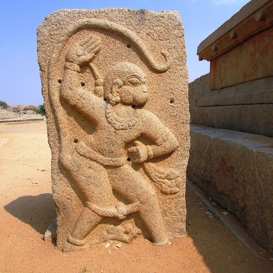 Lord Hanuman, Hampi, India, Temple, God, statue, stonework, HD wallpaper