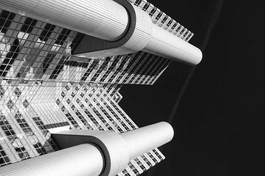 low-angle photography of white and black concrete building, white high-rise building HD wallpaper