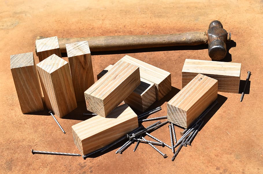 brown wood block lot, pine carpentry work, nails, hammer, wood - material HD wallpaper