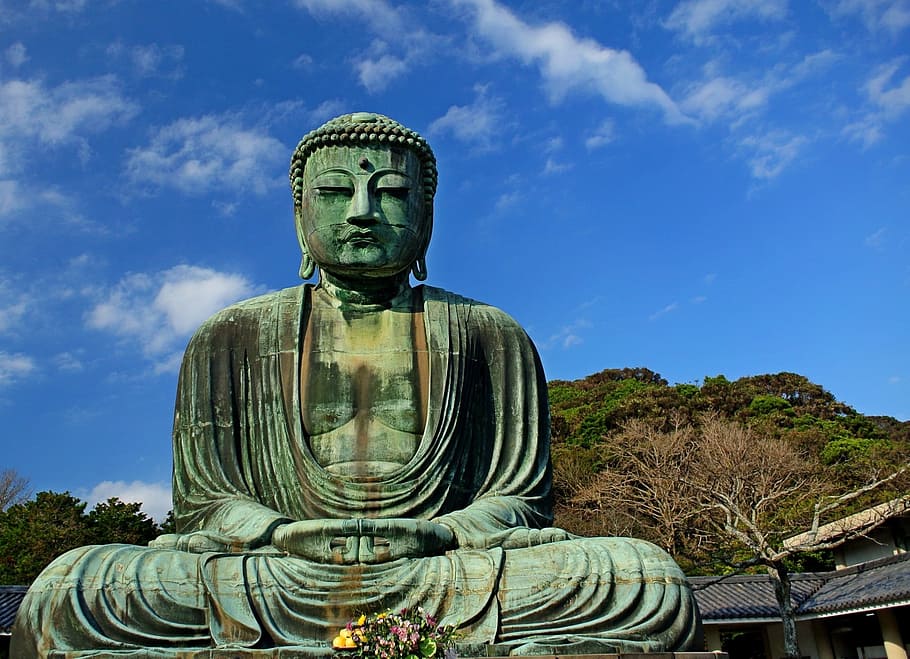 green Buddha statue, religion, kamakura, japan, spiritual, buddhist, HD wallpaper